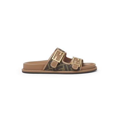 FENDI FEEL BROWN FF FABRIC SLIDES 8X8326AEGVF1HHG